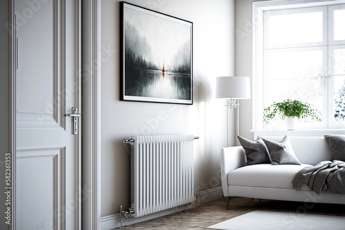 radiator heating near white sofa and door with picture, created with generative ai