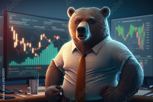 Bear bearish divergence in Stock market and Crypto currency, Bear trading with coloful graph background. Created Generative Ai