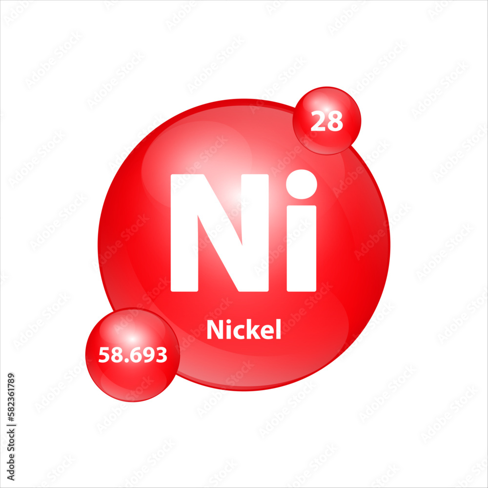 Nickel (Ni) icon structure chemical element round shape circle red