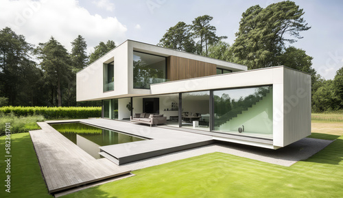 Concrete, wood and glass. Ultra-modern minimalistic style house design. Generative AI © piai