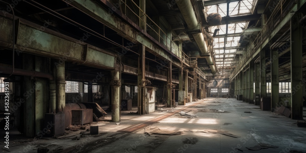 Inside view of an abandoned factory. Generative AI image Inside view of an abandoned factory. Generative AI image