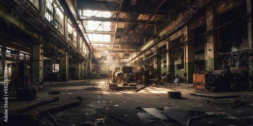 Inside view of an abandoned factory. Generative AI image