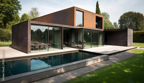 Rusty metal and glass. Ultra-modern minimalistic style house design. Generative AI © piai