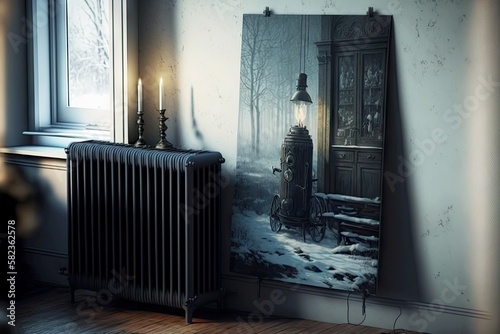 vintage-looking heating radiator with beaful picture in home, created with generative ai photo