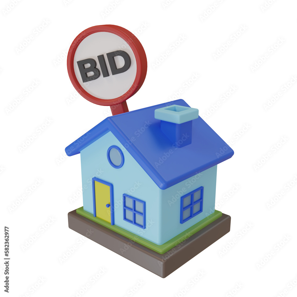 3d rendering. minimalist style cute house icon and bid notice board. illustration of a house being auctioned and sold by submitting a bid 3d rendering. minimalist style cute house icon and bid notice board. illustration of a house being auctioned and sold by submitting a bid