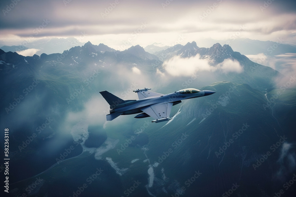 F-16 Falcon fighter jet flying in the sky over the mountan tops - obrazy, fototapety, plakaty 