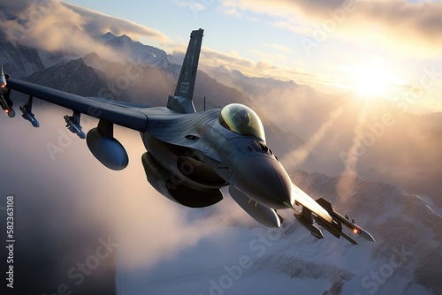 F-16 Falcon fighter jet flying in the morning light over clouds