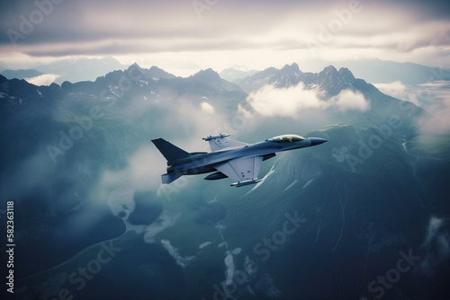 Fotografia F-16 Falcon fighter jet flying in the sky over the mountan tops