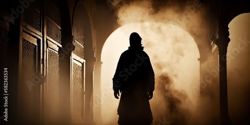 Silhouette of a male in a classic mosque with illuminated backdrop and smoke effect, Generative AI