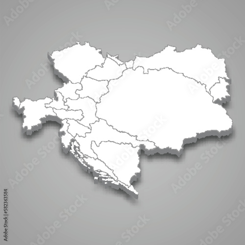 3d isometric map of Austria-Hungary isolated with shadow