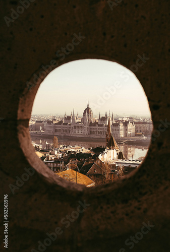 stock photo of high view of budapest parliament between circule