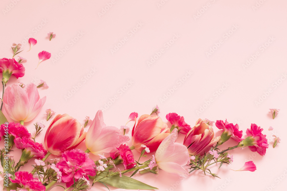 beautiful spring flowers on pink background