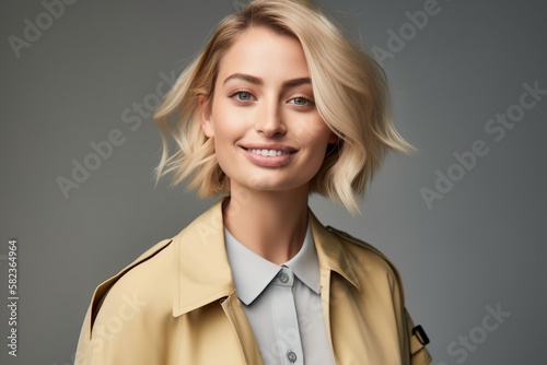 Portrait of a beautiful smiling blonde woman on a grey background. Generative AI