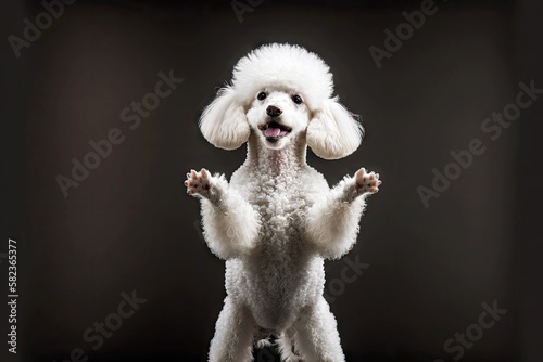 Fototapet smiling white little poodles on his hind legs on dark background, created with g