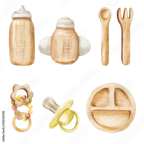 Watercolor set of childrens wooden utensils. Great for print, web, textile design and other creative ideas.