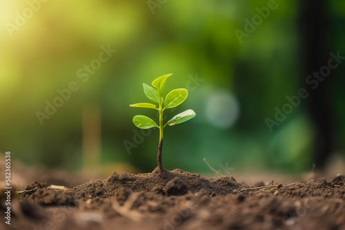 Young green plant growing at sunlight in the garden. World Earth Day banner. Save world concept