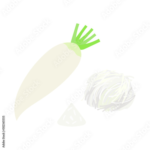 大根、大根おろし、大根のつま。フラットなベクターイラスト。
Daikon radish, grated daikon and garnish. Flat designed vector illustration.