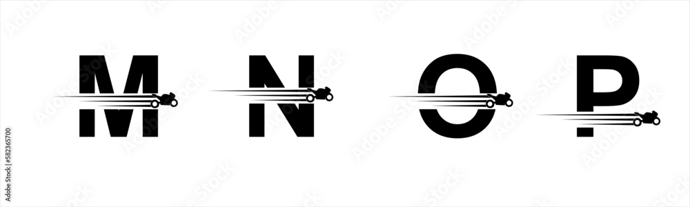Vector graphic letter alphabet in a set M, N, O, P with black speeding racing bike logo - obrazy, fototapety, plakaty 