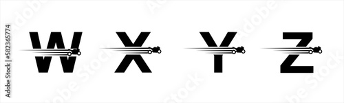 Vector graphic letter alphabet in a set W, X, Y, Z, with black speeding racing bike logo