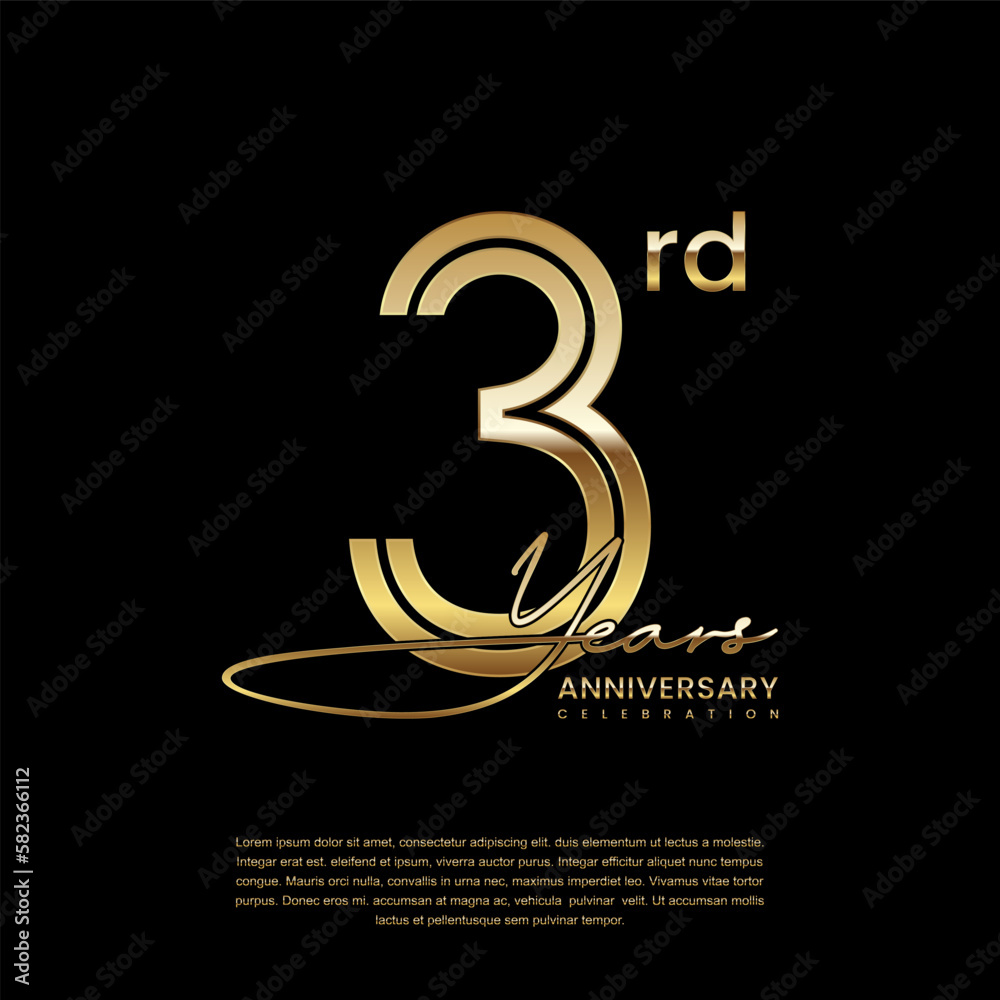 3rd anniversary logo with gold color double line style. Line art design ...