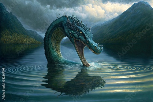 fantasy and mystical creatures loch ness monster in lake, created with generative ai photo