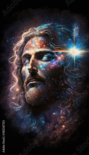 Jesus face watches over people from heaven. Jesus is my savior. Ultra realistic double-exposure with cosmic universe background. Created with Generative AI Technology.