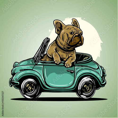 Cute Dog Bulldog Pitbull Riding And Driving Car Vector Illustration photo