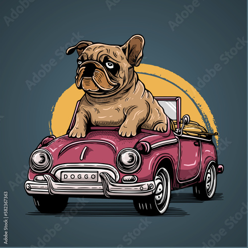 Bulldog Pitbull Riding Open Roof Car Vector Artwork Illustration