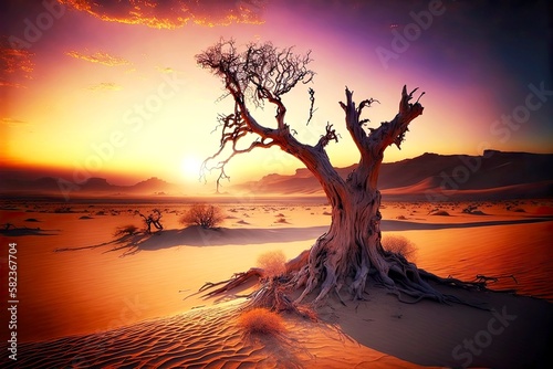 beaful sunset in desert and lonely dead tree, created with generative ai photo