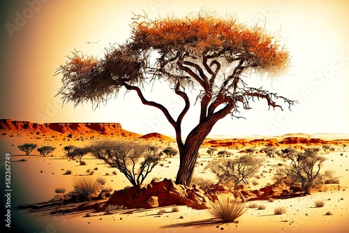 beaful landscape of lonely african tree in large and desert, created with generative ai photo