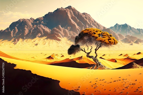 beaful mountains and lonely tree among yellow hot sand of desert, created with generative ai photo