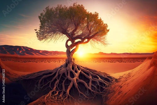 lonely tree with dried roots in rays of beaful sunset against background of desert, created with generative ai photo