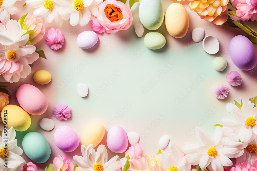 Easter background with copy space. Eggs, flowers, pastel colors illustration top view generative AI, generative, ai