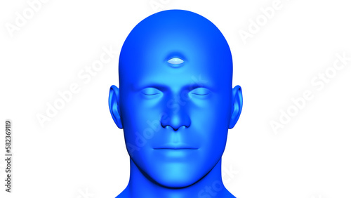 ThirdEye of Blue Digital human isolated on white background. Front view of 3d character Close-up of closed eyes and third eye on the forehead.