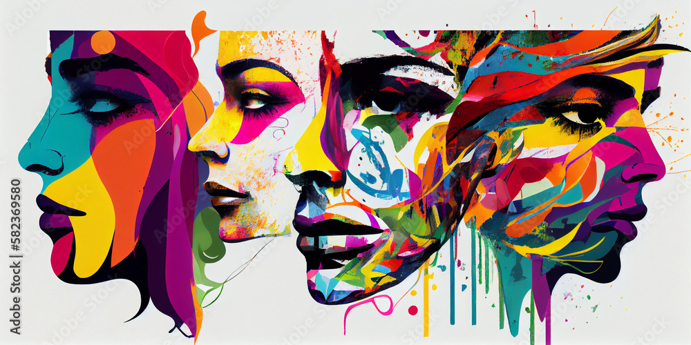 An abstract collage of faces made from splashes of colored acrylic or oil paints.