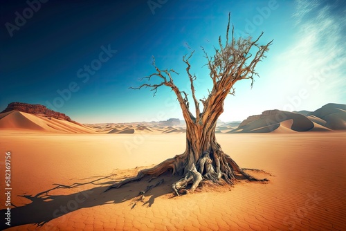 amazing lonely dead tree in beaful desert, created with generative ai photo