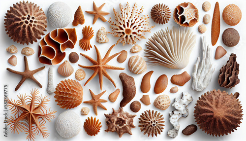 Collection of various sea shells on a white background as a beautiful backdrop.