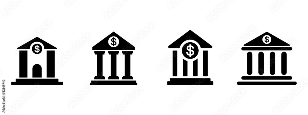 Bank icon with dollar currency symbol set. Bank icon set. Vector graphic illustration. Suitable for website design, logo, app, template, and ui. bank building vector icon. Vector Illustration.