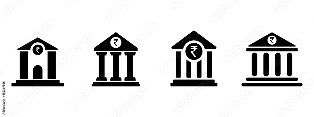 Bank icon with rupee currency symbol set. Bank icon set. Vector graphic illustration. Suitable for website design, logo, app, template, and ui. bank building vector icon. Vector Illustration.