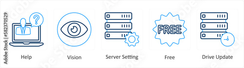 A set of 5 mix icons as help, vision, server setting