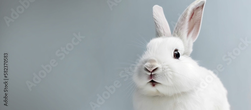Banner of Cute white bunny isolated on white background. Easter holidays concept - Generative Ai © MarijaBazarova