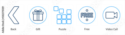 A set of 5 mix icons as back, gift, puzzle