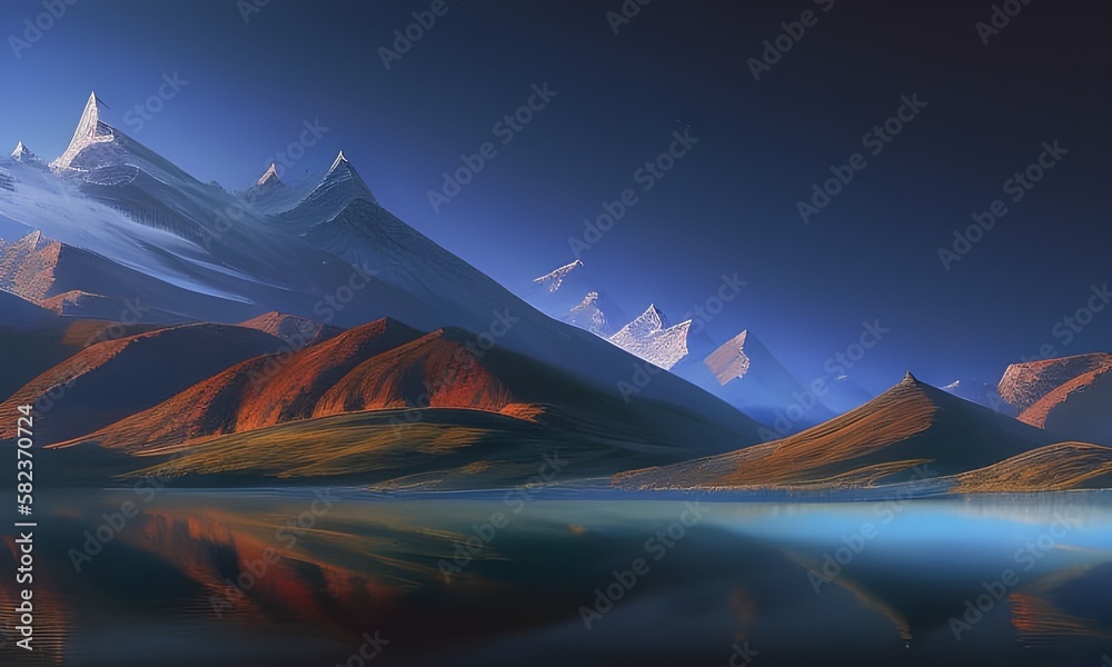 Skaliste góry w tle, na pierwszym planie zalesione góry, jezioro, odbicie gór w wodzie oświetlone delikatnym światłem brzasku. Wygenerowany przy pomocy AI. - obrazy, fototapety, plakaty 
