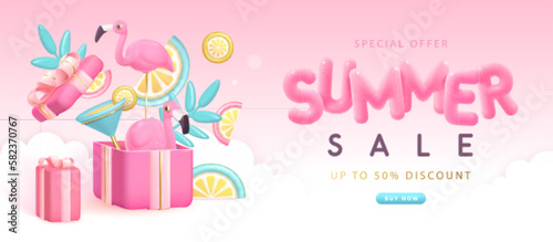 Summer big sale typography poster with 3d plastic text, flamingo and gift box. Summer background. Vector illustration.