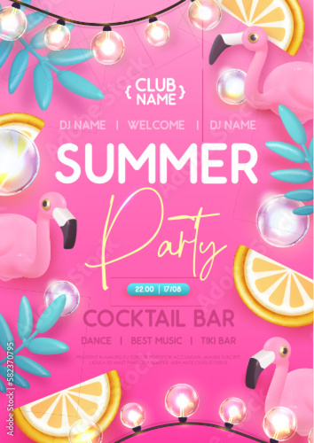 Summer disco party typography poster with 3D plastic flamingo, electric lamps and tropic leaves. Vector illustration