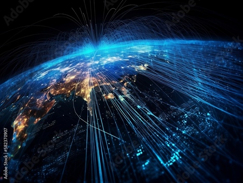 Fiber network, future, glow, blue, fiberoptic, scale, data transfer globaly.
