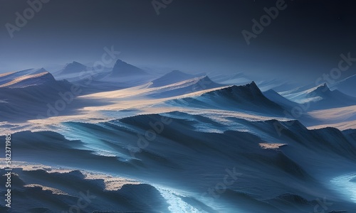 Skaliste, ośnieżone góry, zima, arktyczny klimat, nocny krajobraz oświetlony blaskiem księżyca. Wygenerowane przy pomocy AI.