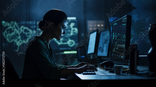 A security expert in front of multiple computer screens in a network operations centre near a server room. Cybersecurity, Cyber awareness training. Cyber concept.