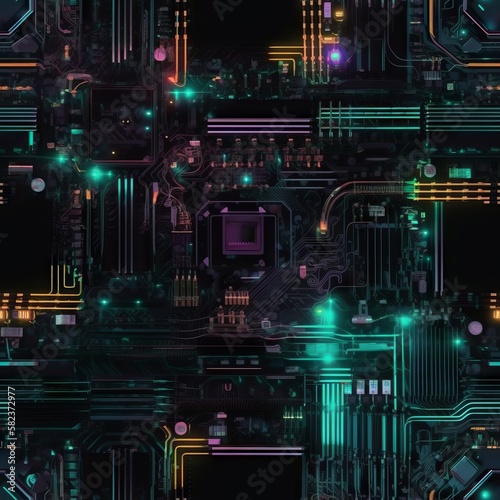 Seamless pattern with glowing computer circuits . Made with Generative AI.
