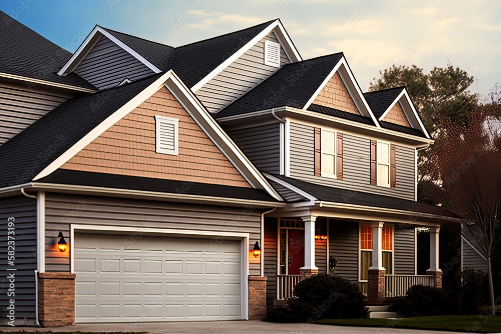 Construction of new house, siding, roof, gutters, garage door. Photo